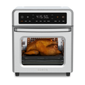 Cosori 13-Quart Air Fryer Oven with a whole roasted chicken cooking inside. Stainless steel finish