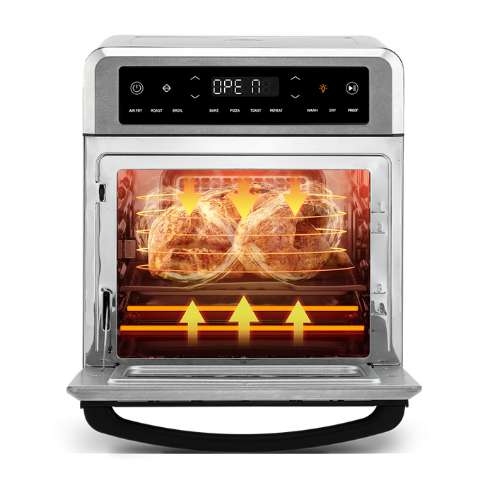 Open door view showing multi-level cooking with food dehydrating on two separate wire racks inside the oven