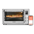 COSORI 30 Liter Smart Air Fryer Toaster Oven with pizza inside and smartphone app displayed beside the unit