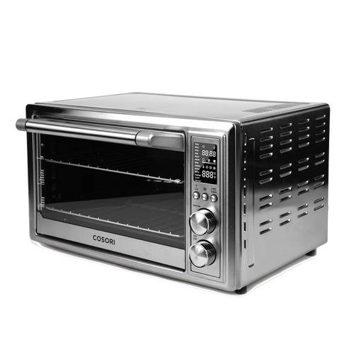 Angled side view of COSORI 30 Liter Smart Air Fryer Toaster Oven with stainless steel exterior
