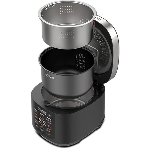 Exploded view of the Cosori Rice Cooker showing the nonstick inner pot and stainless steel steam basket.