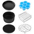 COSORI Air Fryer Accessories set including cake pan, pizza pan, rack, silicone mold, and skewer rack
