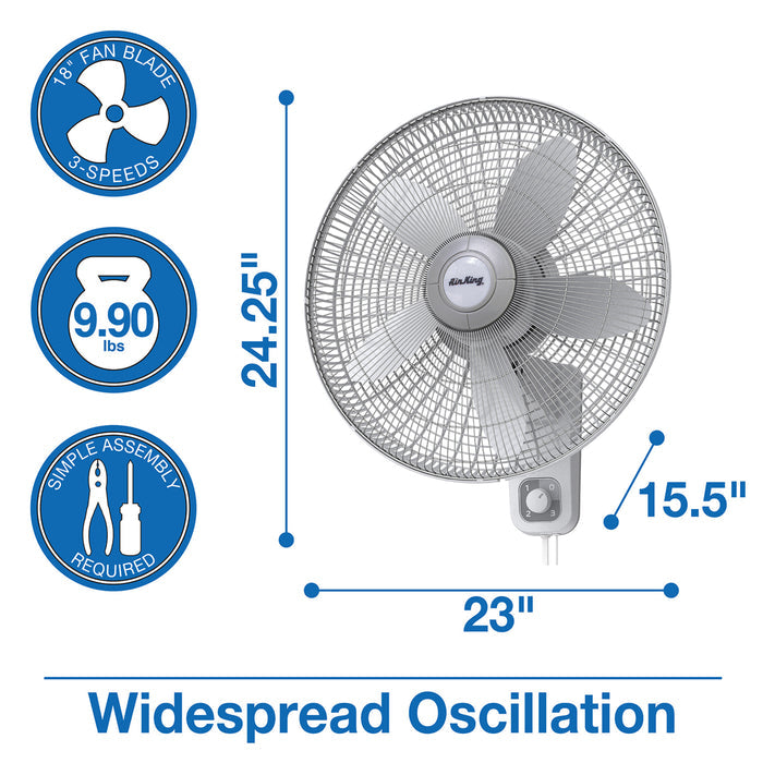 Air King 1/20 HP 18" Commercial Grade Wall Mount Fan: Oscillating, 3-Speed