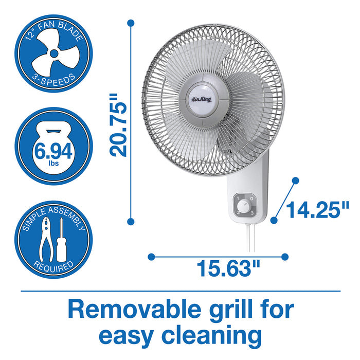 Air King 1/50 HP 12" Commercial Grade Wall Mount Fan: Oscillating, 3-Speed