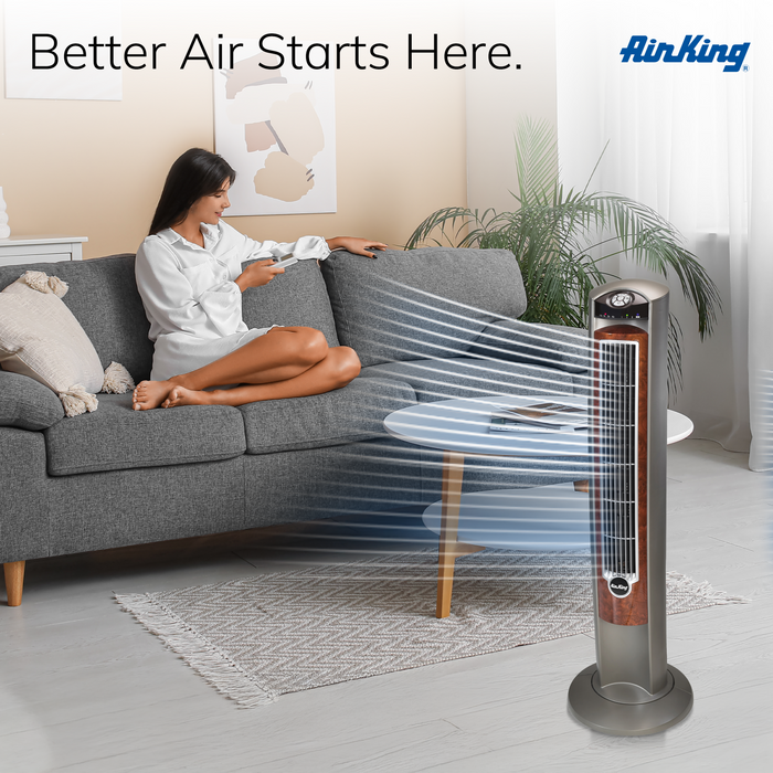 Air King Wind Curve 42" Tower Fan: Oscillating, 3-Speed, Remote, Ionizer, Brown