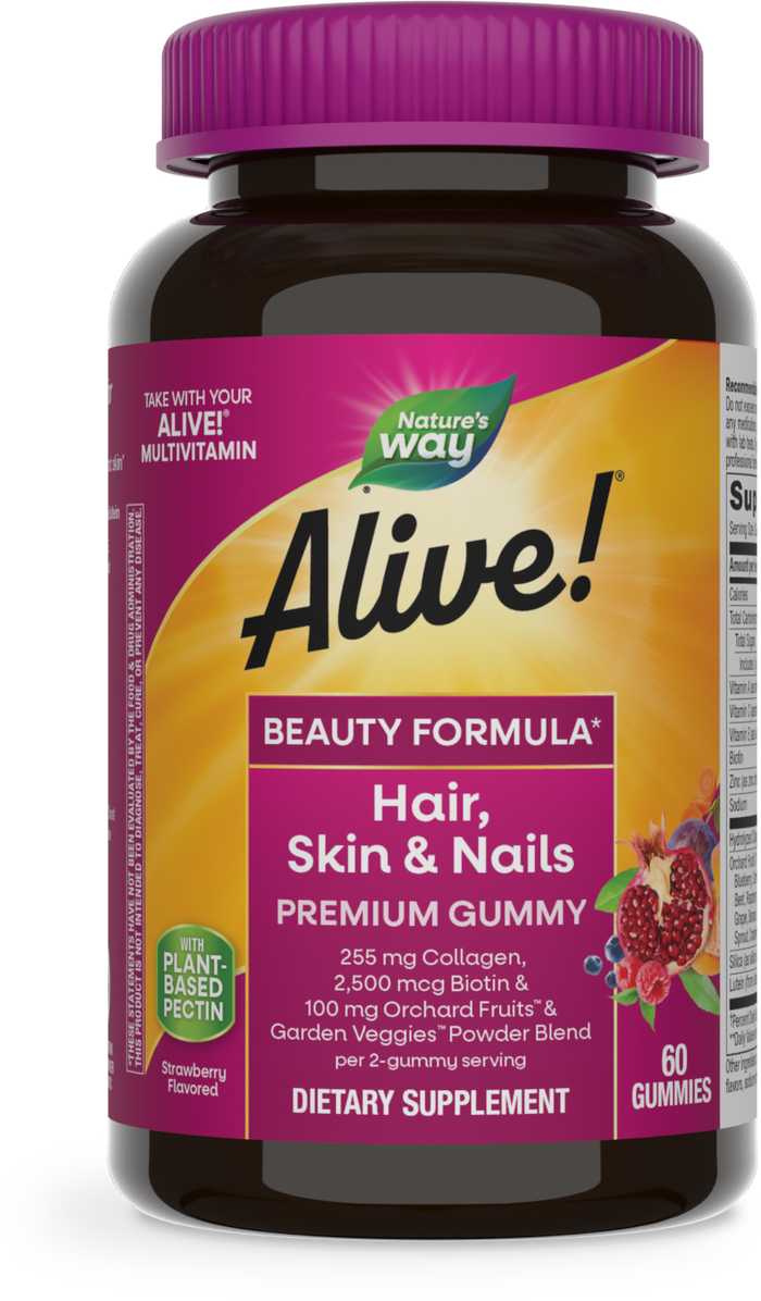<{%PRIMARY_11973%}>Nature's Way® | Alive! Hair, Skin & Nails Premium Gummies, 60 gummies, Strawberry