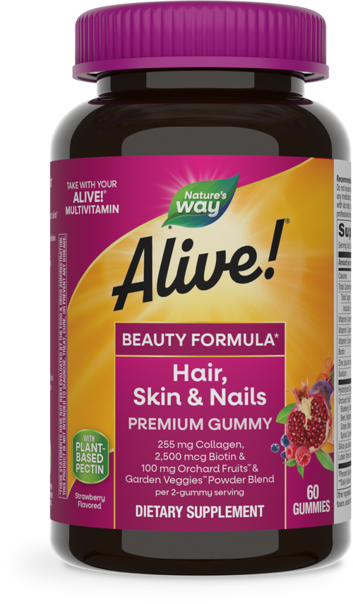 <{%PRIMARY_11973%}>Nature's Way® | Alive! Hair, Skin & Nails Premium Gummies, 60 gummies, Strawberry