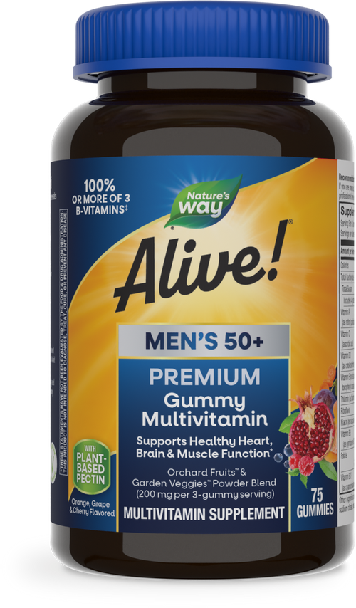 <{%PRIMARY_15898%}>Nature's Way® | Alive! Premium Men's 50+ Gummy Multivitamin, 75 gummies, Orange, Grape, and Cherry