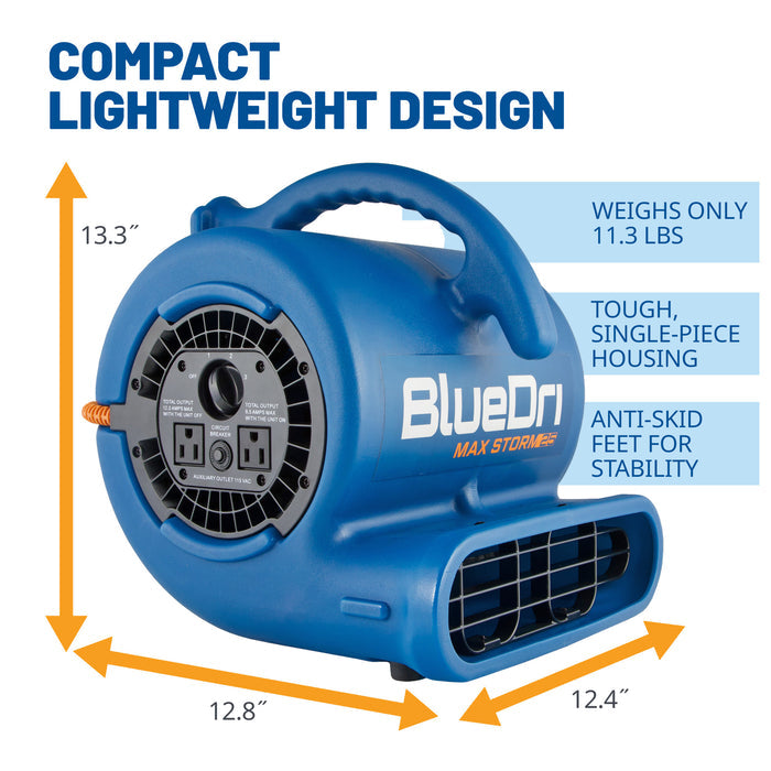 BlueDri Max Storm 25 1/4 HP 900 CFM Air Mover Blower Fan: 3-Speed, High Velocity, 2 Outlets, 3 Drying Angles, Cord Wrap