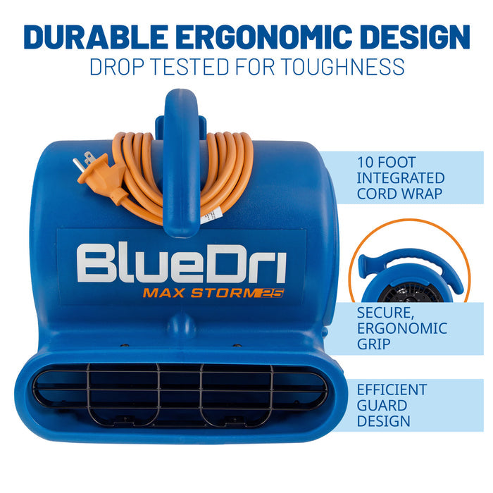 BlueDri Max Storm 25 1/4 HP 900 CFM Air Mover Blower Fan: 3-Speed, High Velocity, 2 Outlets, 3 Drying Angles, Cord Wrap