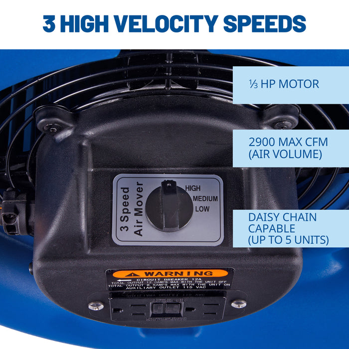 BlueDri Max Storm 35 1/3 HP 2900 CFM Air Mover Blower Fan: 3-Speed, high Velocity, 2 Outlets, 3 Drying Angles, Cord Wrap