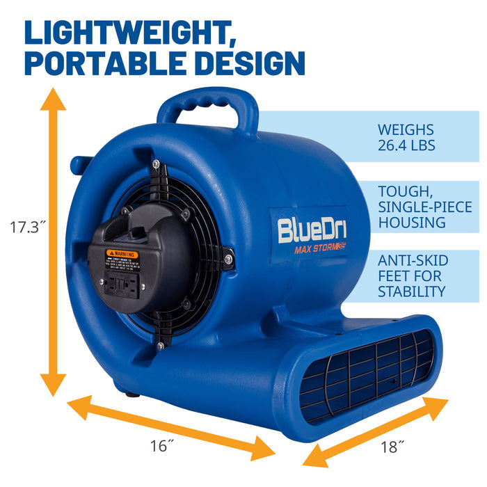 BlueDri Max Storm 35 1/3 HP 2900 CFM Air Mover Blower Fan: 3-Speed, high Velocity, 2 Outlets, 3 Drying Angles, Cord Wrap