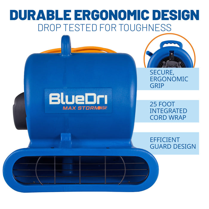 BlueDri Max Storm 35 1/3 HP 2900 CFM Air Mover Blower Fan: 3-Speed, high Velocity, 2 Outlets, 3 Drying Angles, Cord Wrap