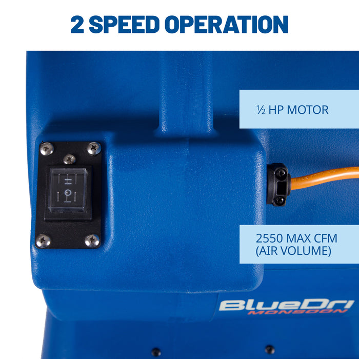 BlueDri Monsoon 1/2 HP 2550 CFM Air Mover Blower Fan: 2-Speed, High Velocity, 3 Drying Angles, Cord Wrap