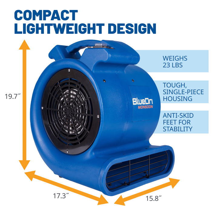 BlueDri Monsoon 1/2 HP 2550 CFM Air Mover Blower Fan: 2-Speed, High Velocity, 3 Drying Angles, Cord Wrap