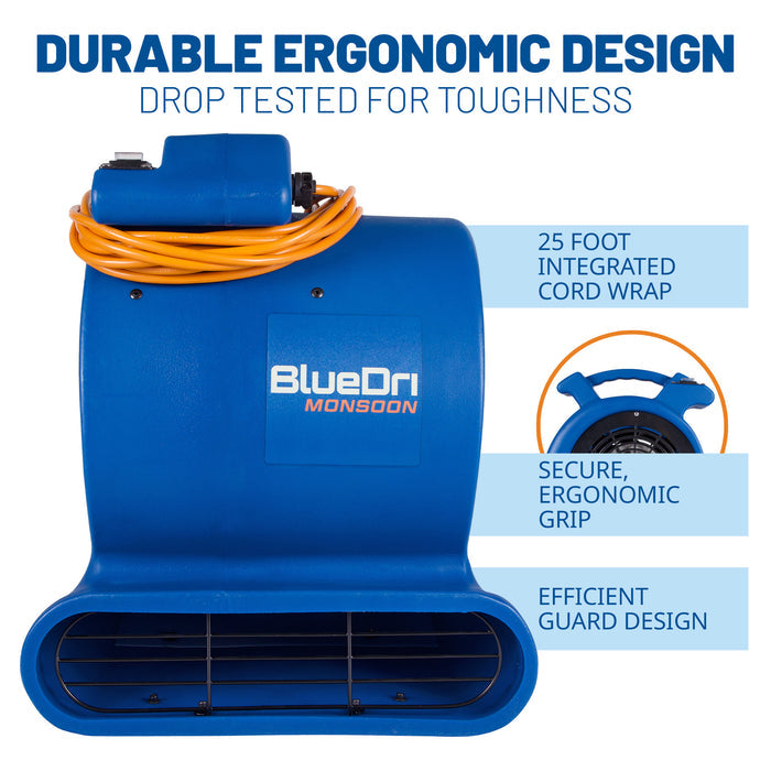 BlueDri Monsoon 1/2 HP 2550 CFM Air Mover Blower Fan: 2-Speed, High Velocity, 3 Drying Angles, Cord Wrap
