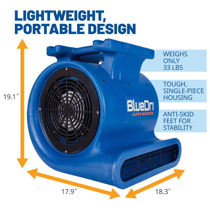 BlueDri Super Monsoon 1 HP 4050 CFM Air Mover Blower Fan: 3-Speed, High Velocity, 3 Drying Angles, Cord Wrap