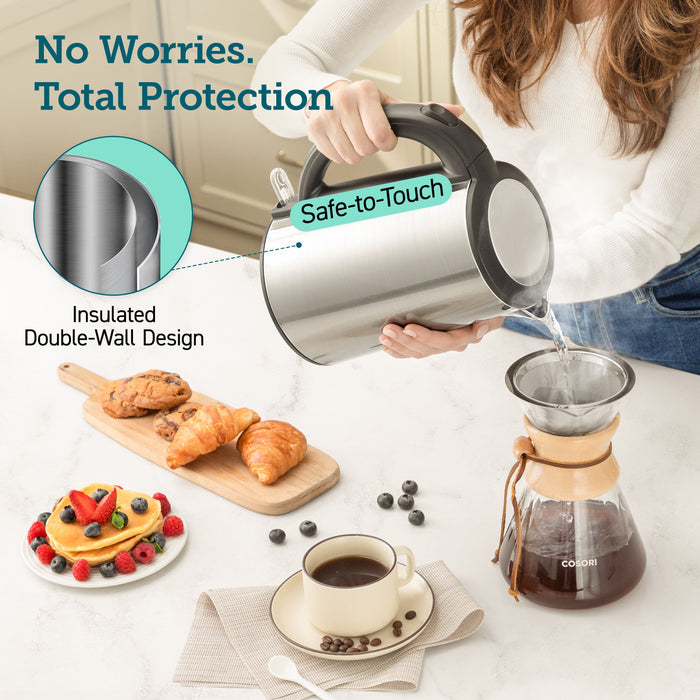 COSORI double wall electric kettle safe touch stainless steel design