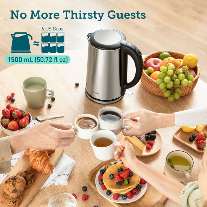 COSORI 1.5L electric kettle serving tea for multiple guests