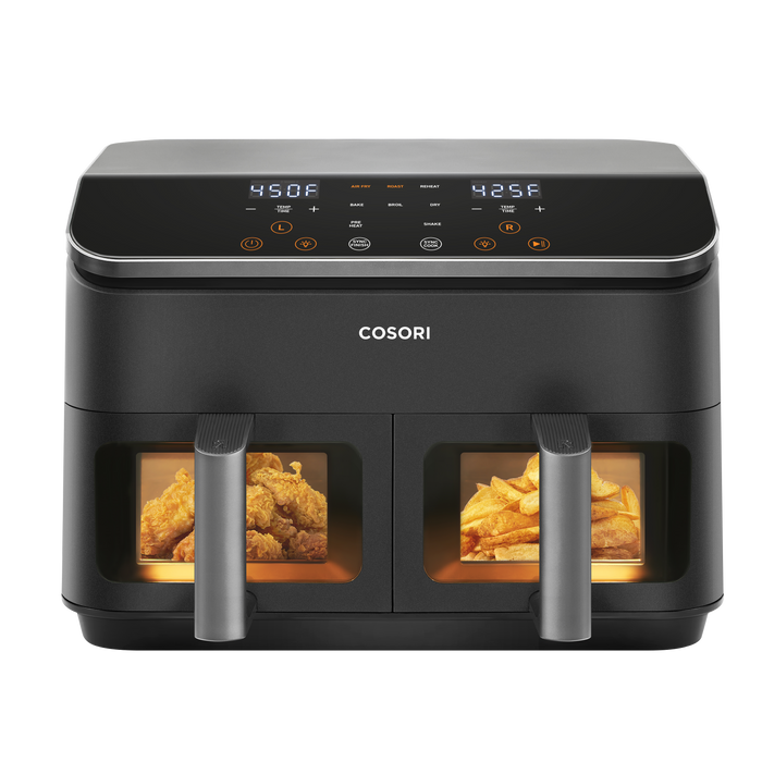 COSORI 9-quart dual basket air fryer front view with two baskets