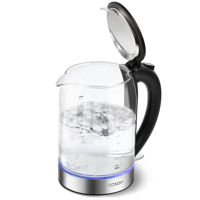 COSORI glass electric kettle with open lid and water boiling