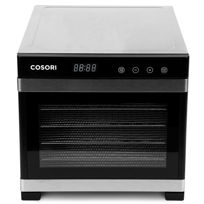 Front view of COSORI food dehydrator with stainless steel drying racks