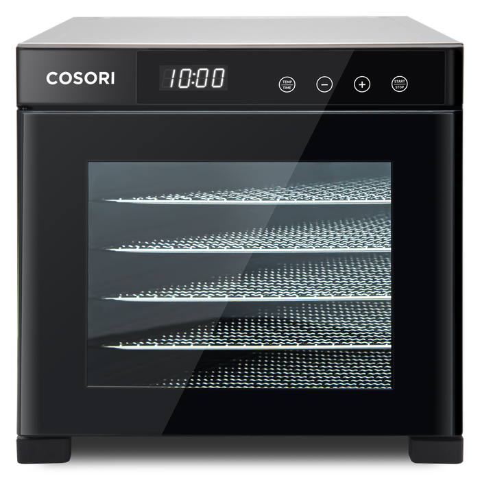 Interior view of COSORI food dehydrator showing multiple stainless steel drying trays