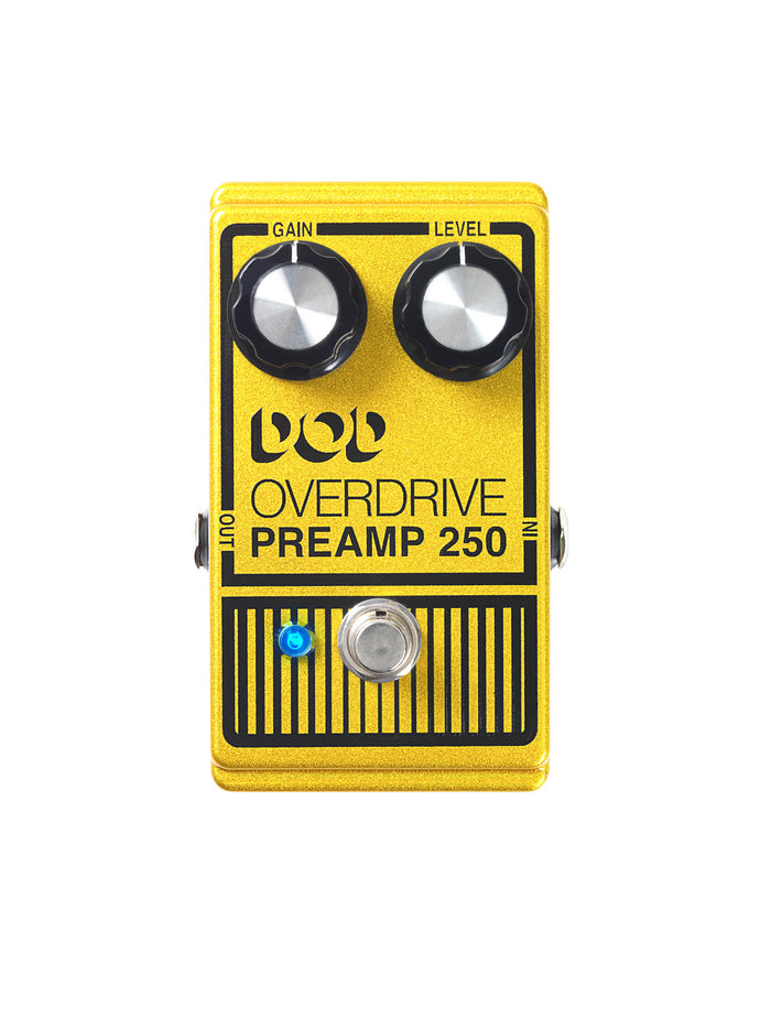 PÉDALE OVERDRIVE PREAMP 250, overdrive basé sur le circuit original avec des composants actualisés, True Bypass, jaune métallisé