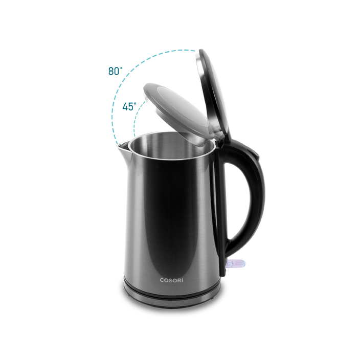 Side view of COSORI Double-Wall Stainless Steel Electric Kettle pouring hot water
