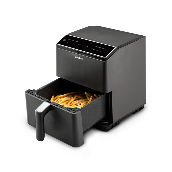 COSORI Dual Blaze 6.8-Quart Smart Air Fryer with basket extended showing cooked fries