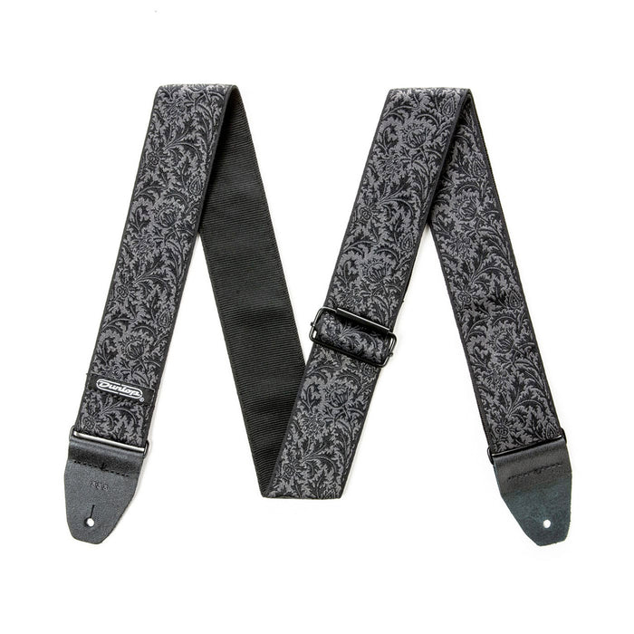 Courroie jacquard modèle BLACK THISTLE, extrémités cuir, largeur 5 cm, noir et gris