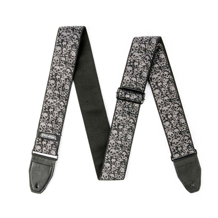 Courroie jacquard modèle CATACOMB, extrémités cuir, largeur 5 cm, noir et gris