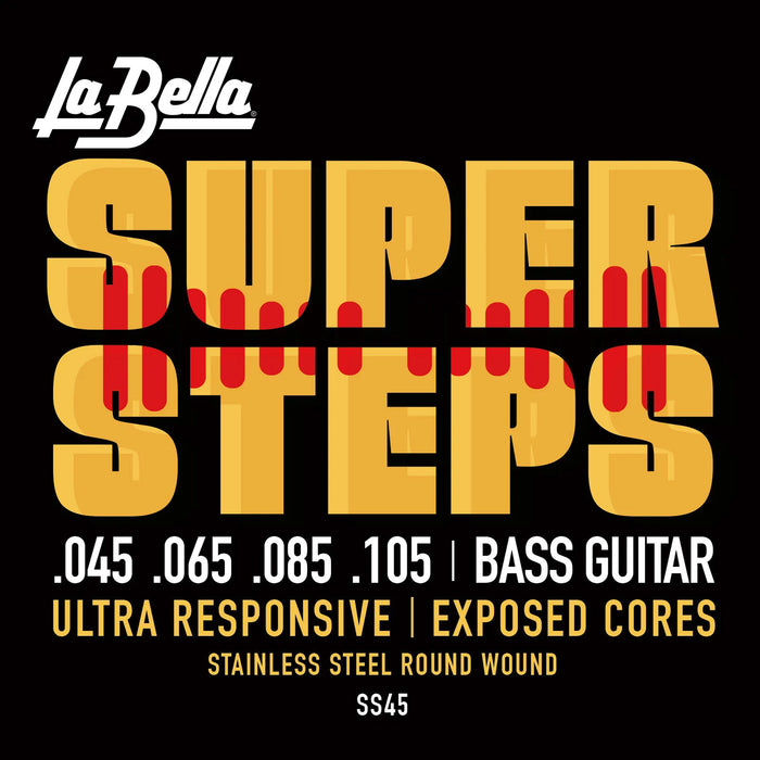 Jeu pour basse électrique SUPER STEPS, acier inoxydable, filé rond avec âme exposée, 4 cordes Custom Light (45-65-85-105)
