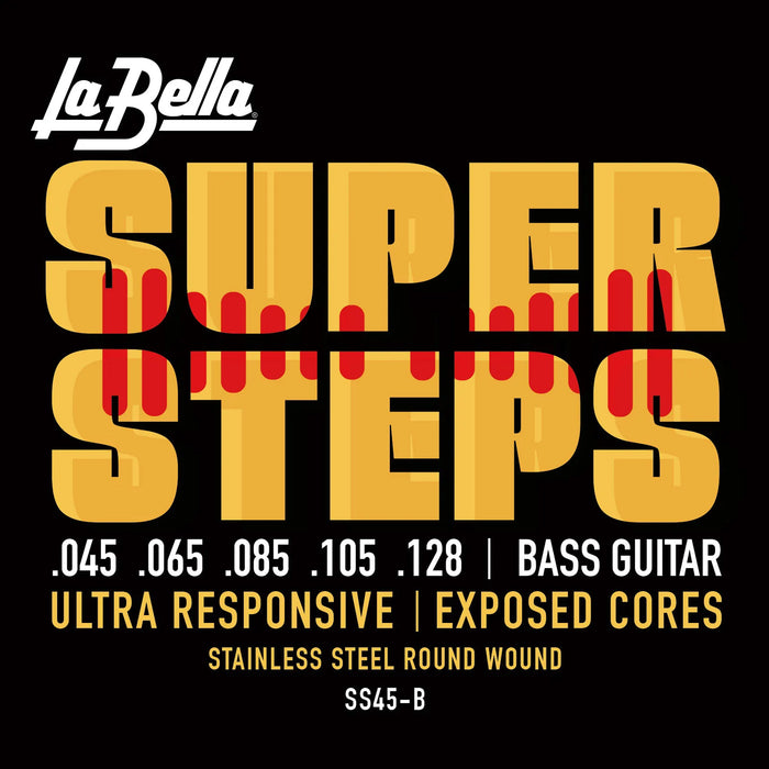 Jeu pour basse électrique SUPER STEPS, acier inoxydable, filé rond avec âme exposée, 5 cordes Custom Light (45-65-85-105-128)