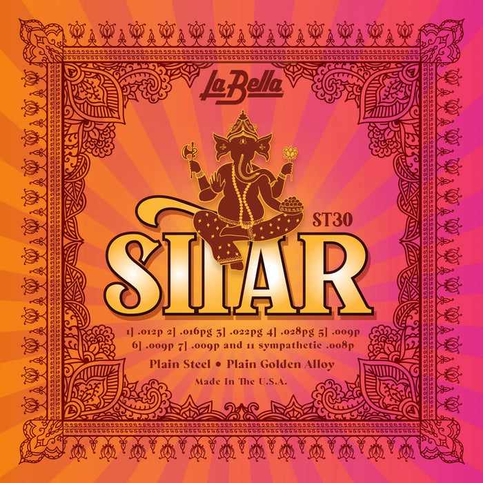 Jeu pour sitar, acier plein & alliage doré plein, 7 cordes jouées et 11 cordes sympathiques (12p-16pg-22pg-28pg-09px3-08px11)