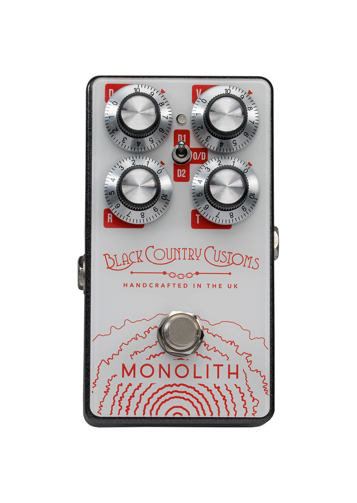 Pédale distorsion MONOLITH, 3 modes, switch silencieux, boitier métal, blanc et rouge