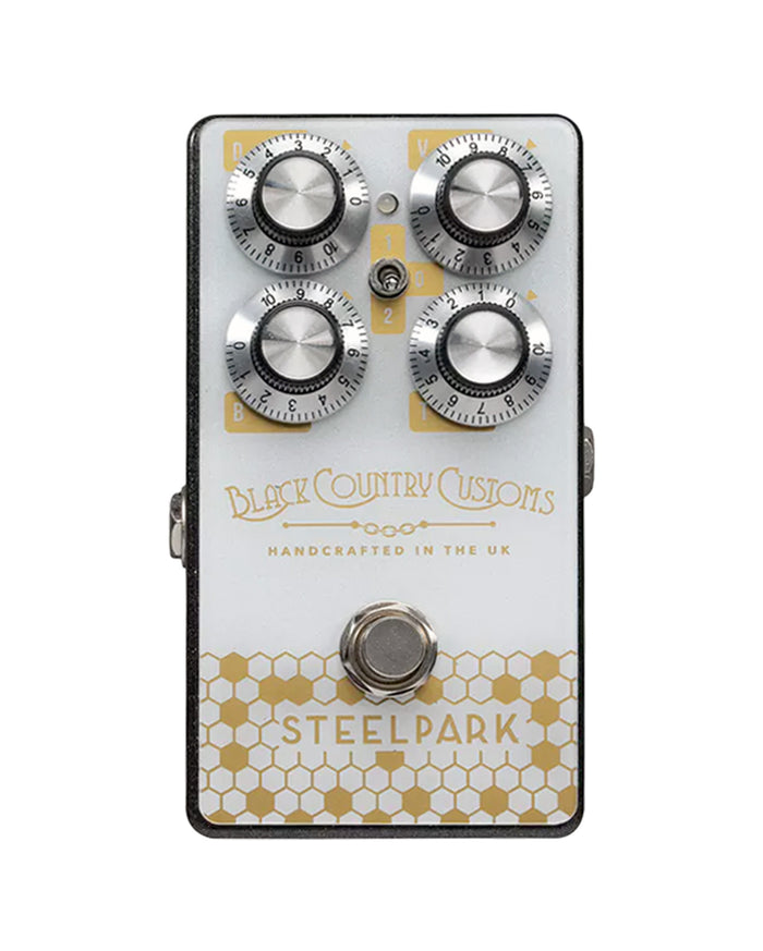 Pédale boost STEELPARK, 3 modes, jusqu'à 30dB de gain, switch silencieux, boitier métal, blanc et or