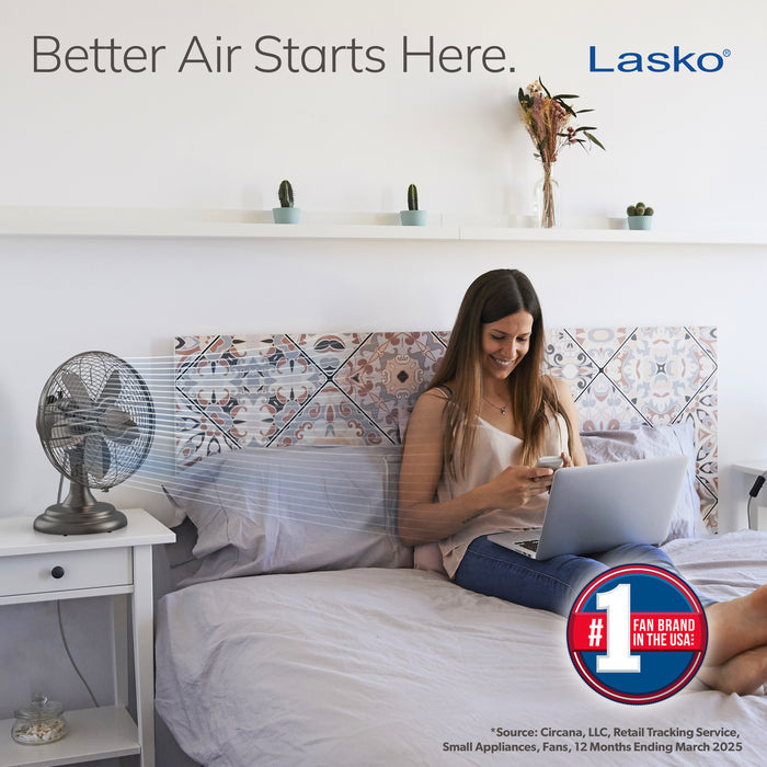 Lasko 12" Classic Metal Table Fan: Oscillating, 3-Speed, Tilting Head, Bronze