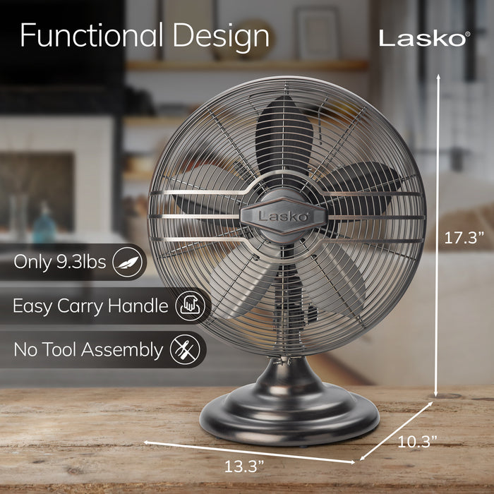 Lasko 12" Classic Metal Table Fan: Oscillating, 3-Speed, Tilting Head, Bronze