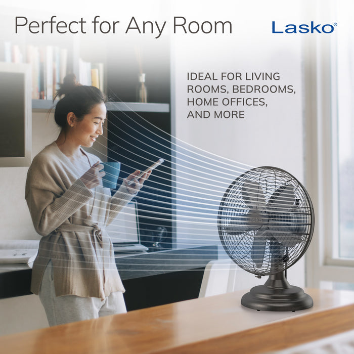 Lasko 12" Classic Metal Table Fan: Oscillating, 3-Speed, Tilting Head, Bronze