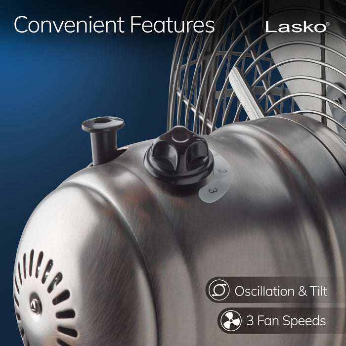 Lasko 12" Classic Metal Table Fan: Oscillating, 3-Speed, Tilting Head, Bronze