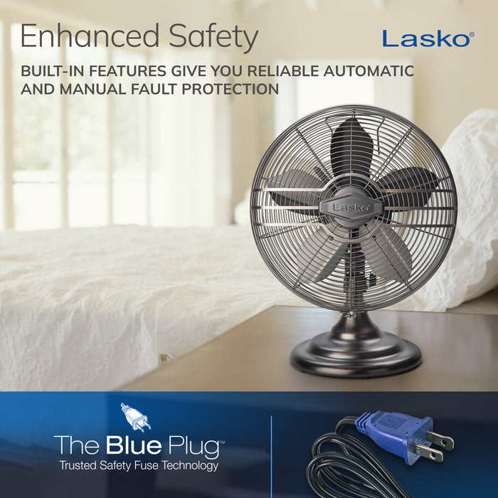 Lasko 12" Classic Metal Table Fan: Oscillating, 3-Speed, Tilting Head, Bronze
