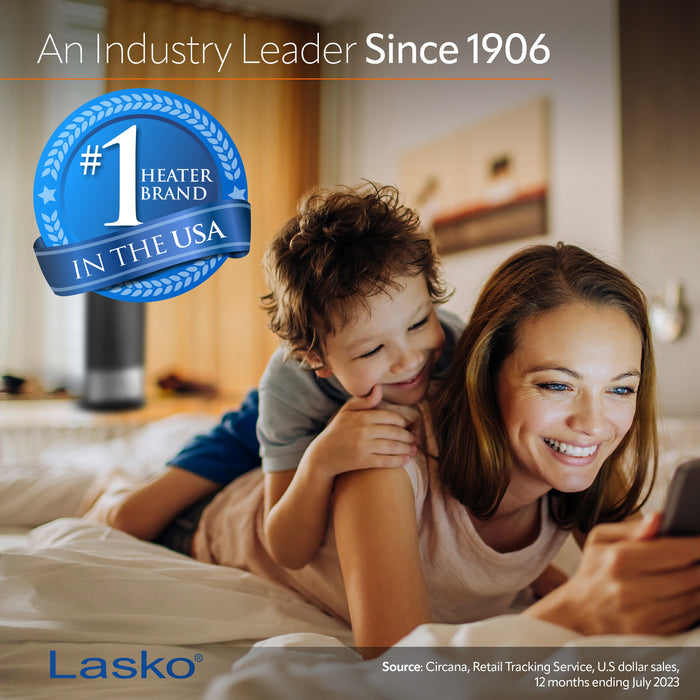 Lasko 14" Ceramic Tower Space Heater: Oscillating, 2 Heat Settings, Thermostat, Black