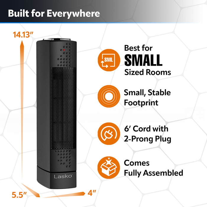 Lasko 14" Ceramic Tower Space Heater: Oscillating, 2 Heat Settings, Thermostat, Black