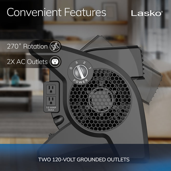 Lasko 15" Air Mover Blower Fan: 3-Speed, High Velocity, 2 Outlets, Pivoting, Black