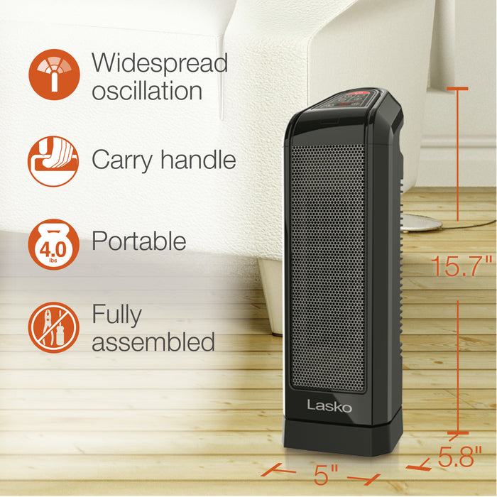 Lasko 16" Ceramic Tower Space Heater: Oscillating, 2 Heat Settings, Remote, Timer, Thermostat