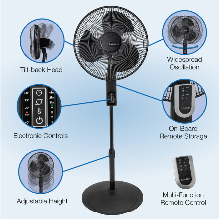 Lasko 16" Pedestal Fan: Oscillating, 4-Speed, Remote, Timer, Thermostat