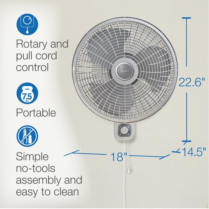 Lasko 16" Wall Mount Fan: Oscillating, 3-Speed, Tilting Head