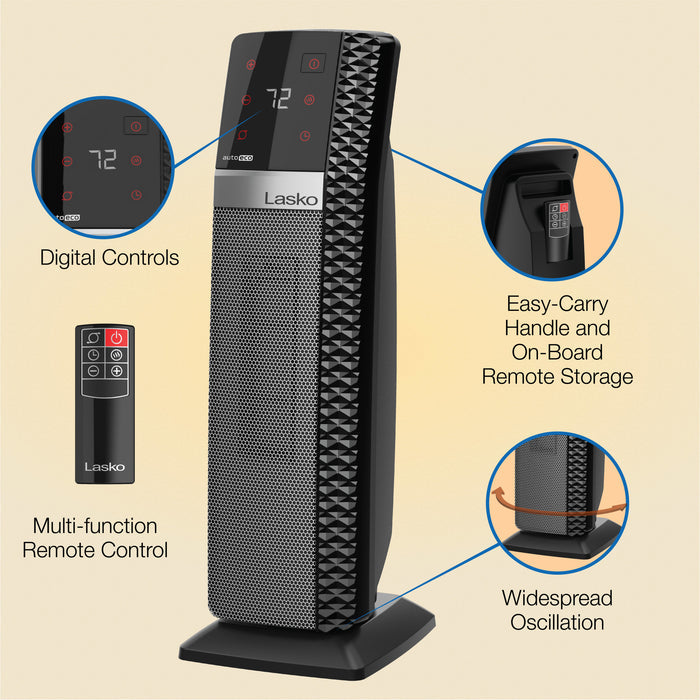 Lasko 22" Ceramic Tower Space Heater: Oscillating, 3 Heat Settings, Remote, Timer, Tip-Over Switch, Thermostat, Black