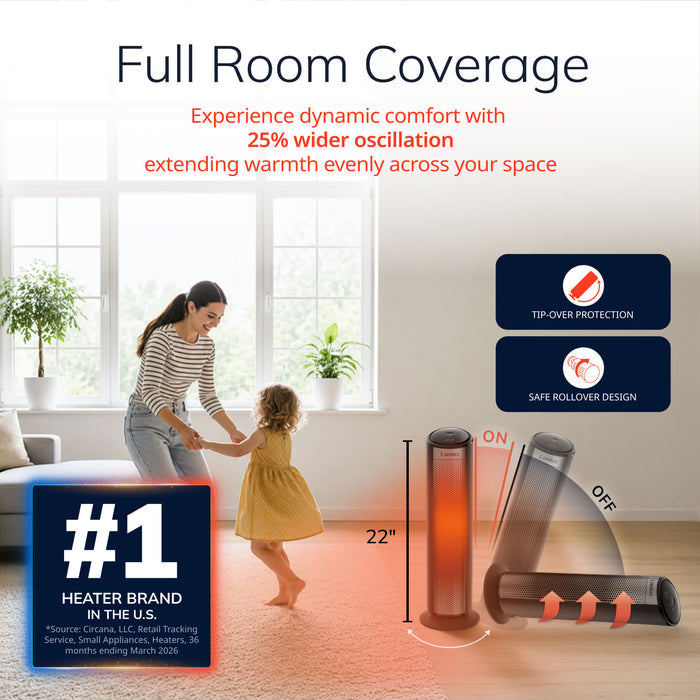 Lasko 22" Ceramic Tower Space Heater: Oscillating, 3 Heat Settings, Remote, Timer, Tip-Over Switch, Child Lock, Thermostat, Black